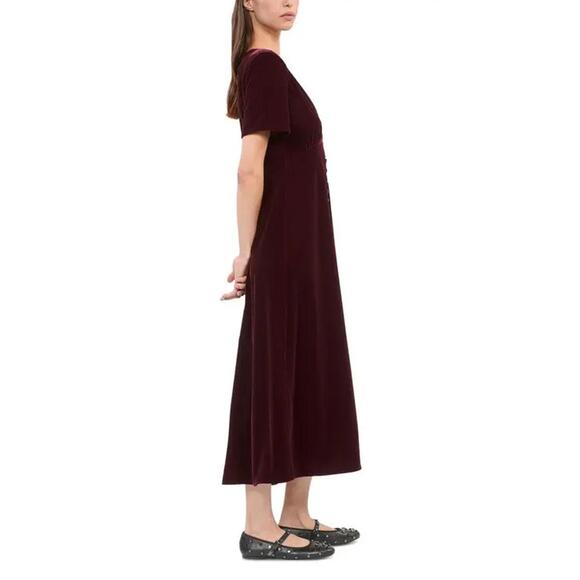 The Kooples Velvet Short Sleeve Midi Dress - Burgundy (French Size 0) - Picture 6 of 7